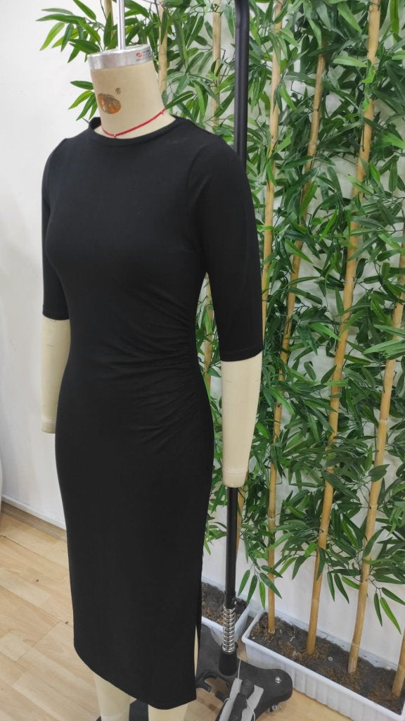 Women's Short Sleeve Crew Neck Side Slit Viscose Two-Yarn Dress, 33923