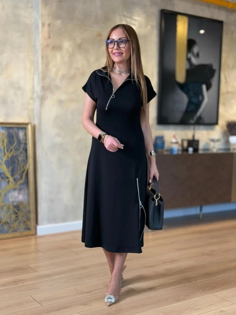 Rochie midi din viscoză două fire pentru femei, mânecă scurtă, fermoar la gât și la fustă, 35976