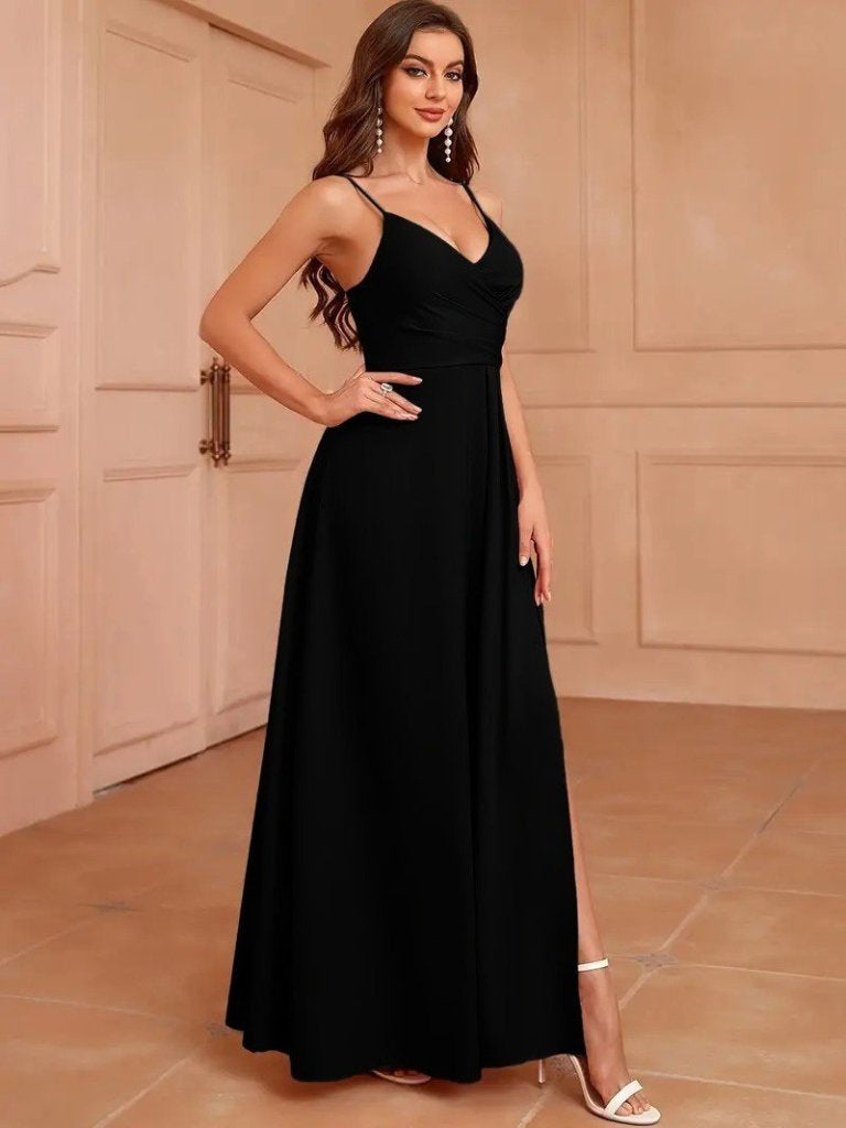 Women's Imported Crepe Crossover V-Neck Deep Plunge Slit Slip Dress, 24645