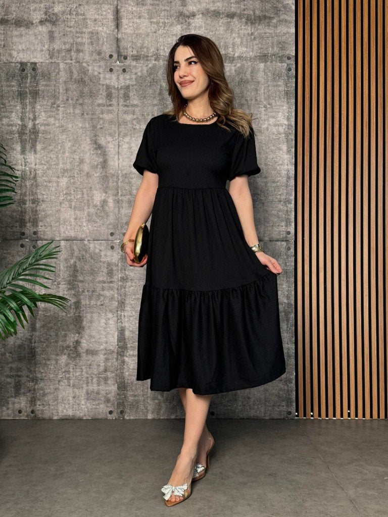 Women's Short Sleeve Open Collar Tiered Crinkle Balloon Dress, 33894