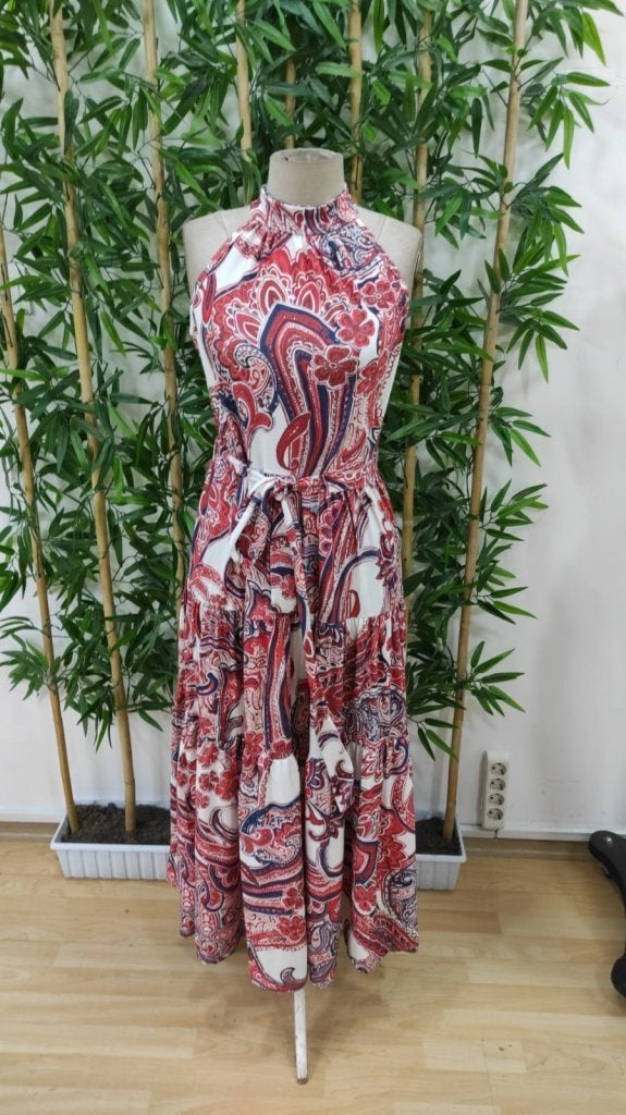Rochie lungă cu imprimeu și șliț, cu guler halter și umeri goi, 26964