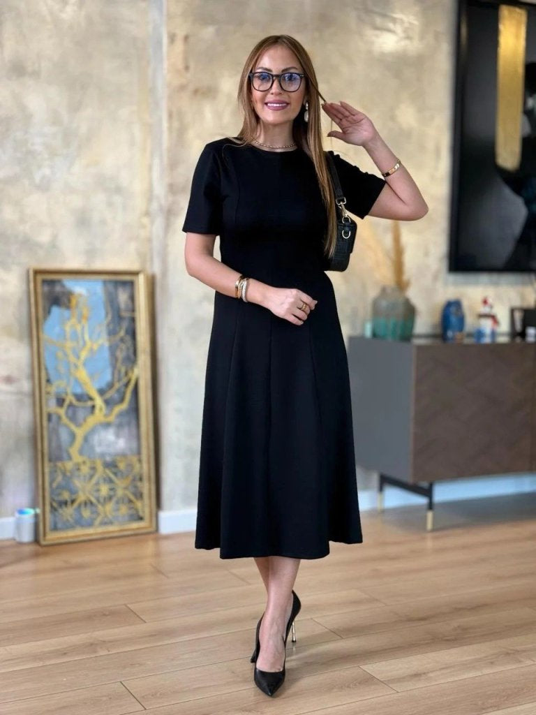 Rochie midi din viscoză cu două fire, cu mânecă scurtă și guler rotund, pentru femei, 24704
