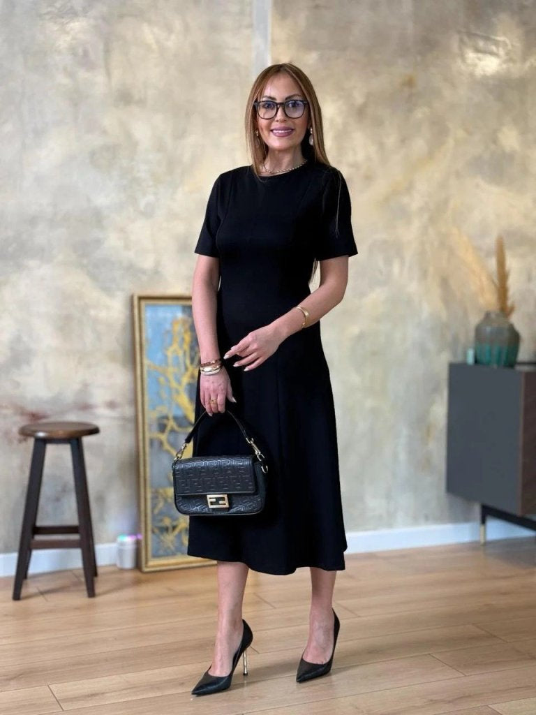 Rochie midi din viscoză cu două fire, cu mânecă scurtă și guler rotund, pentru femei, 24704
