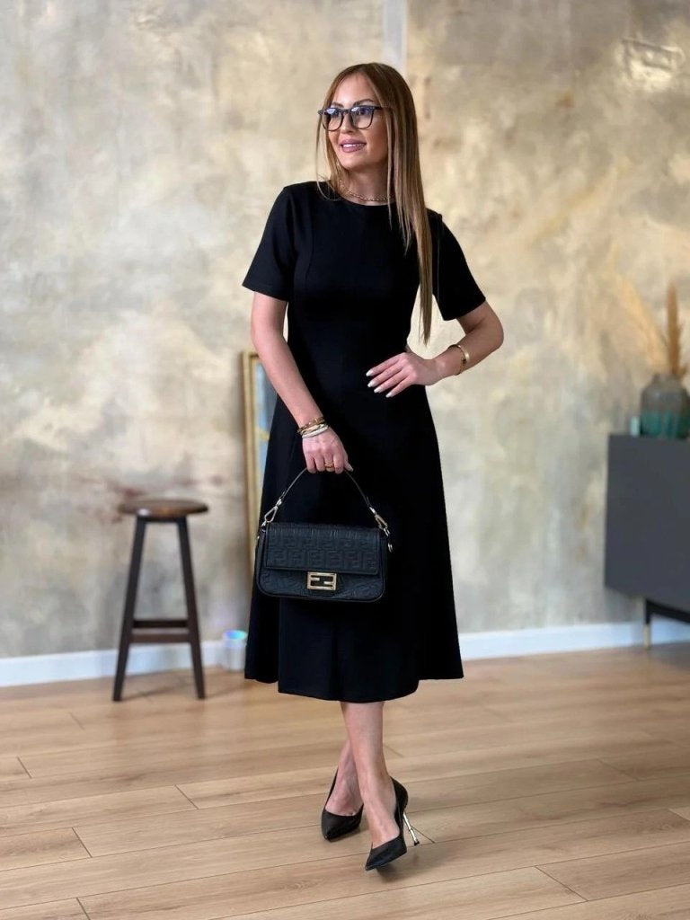 Rochie midi din viscoză cu două fire, cu mânecă scurtă și guler rotund, pentru femei, 24704
