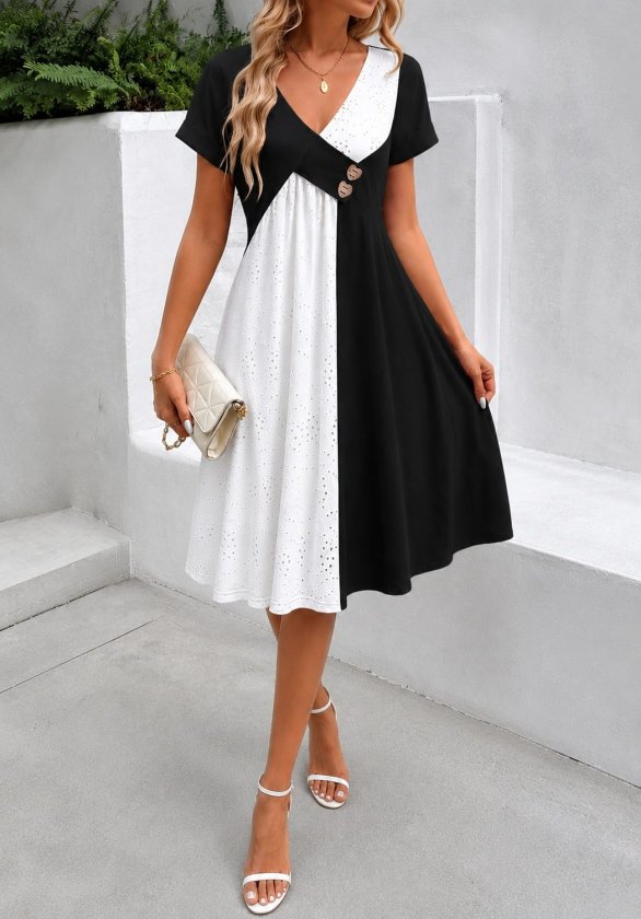 Rochie de damă din viscoză, mărime mare, cu mânecă scurtă, decolteu în V, brodată în contrast, 34822