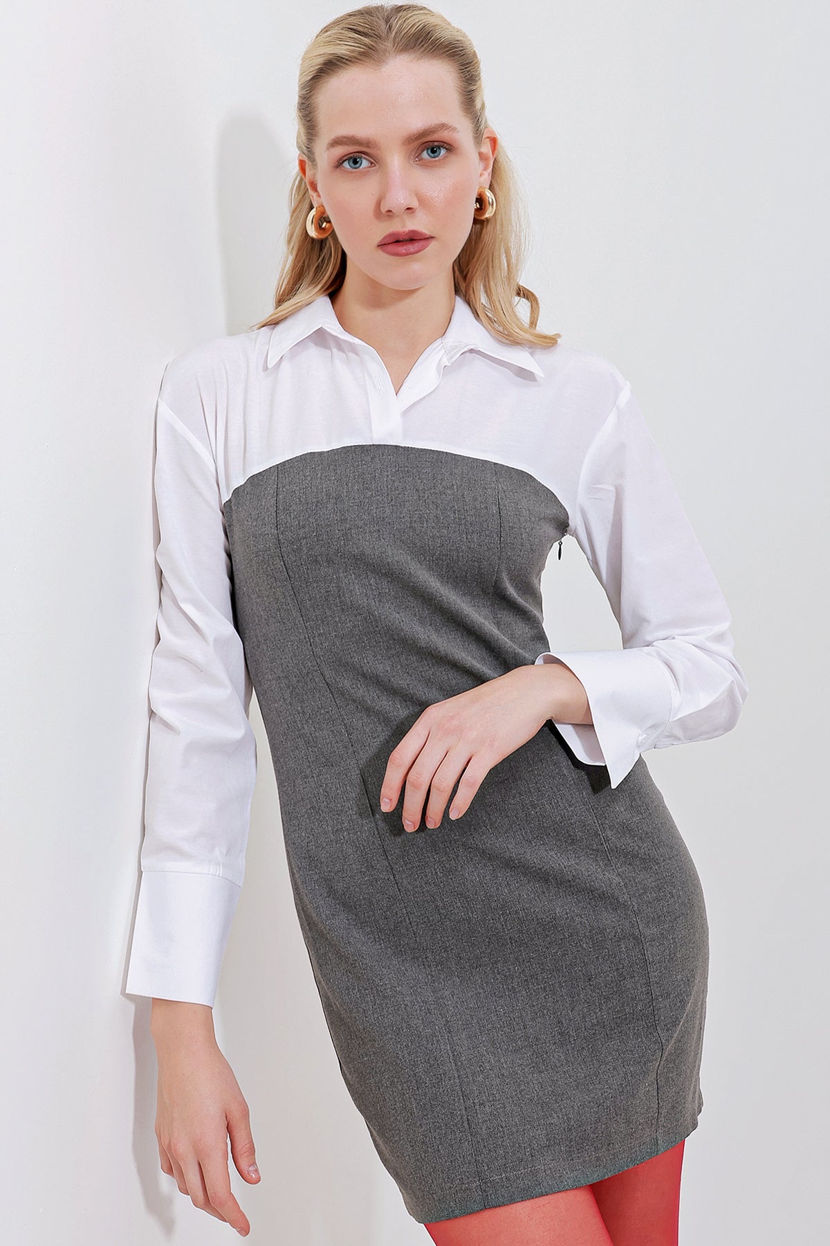 2474 Rochie mini cu detaliu cămașă - Antracit