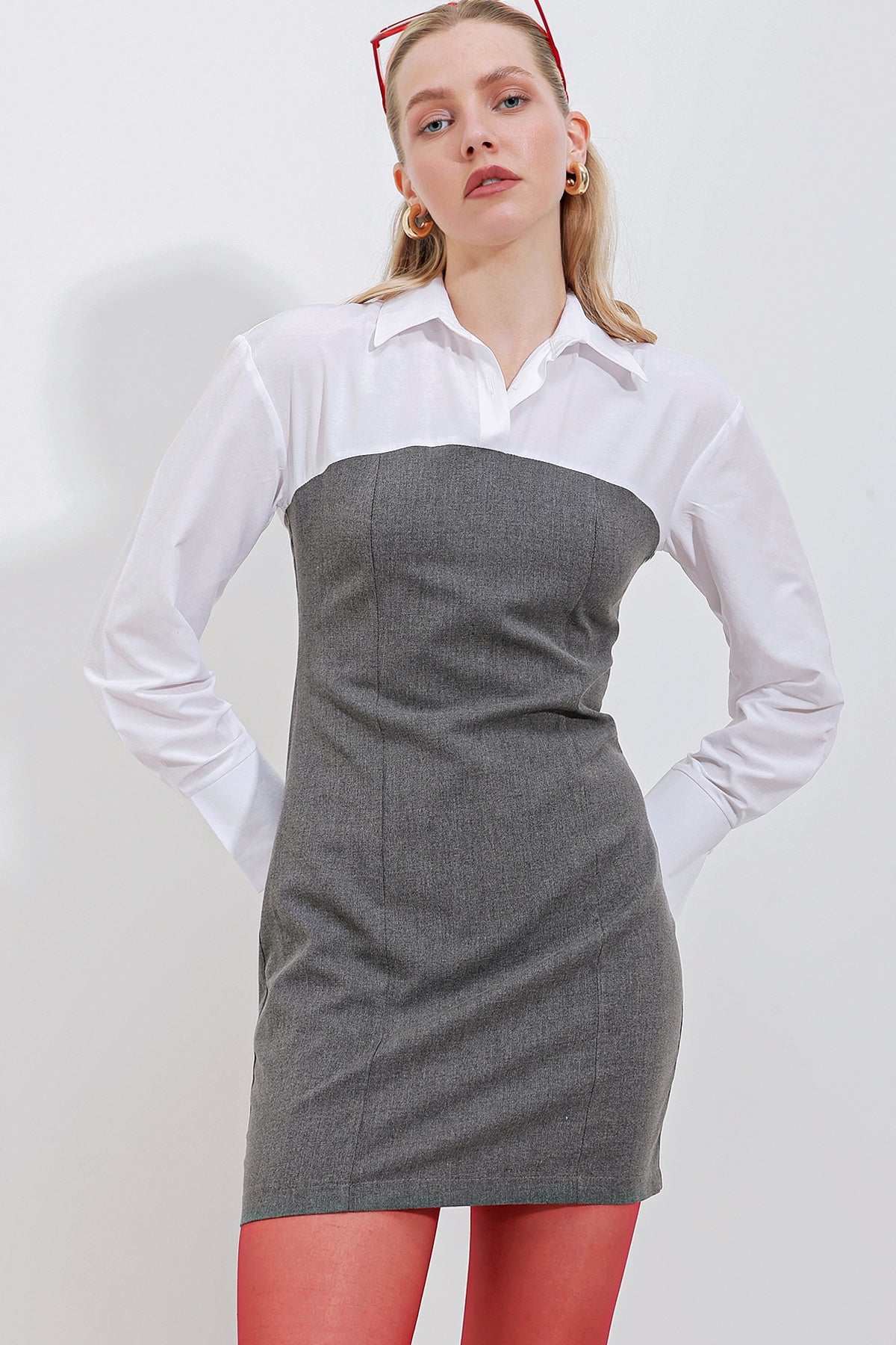 2474 Rochie mini cu detaliu cămașă - Antracit