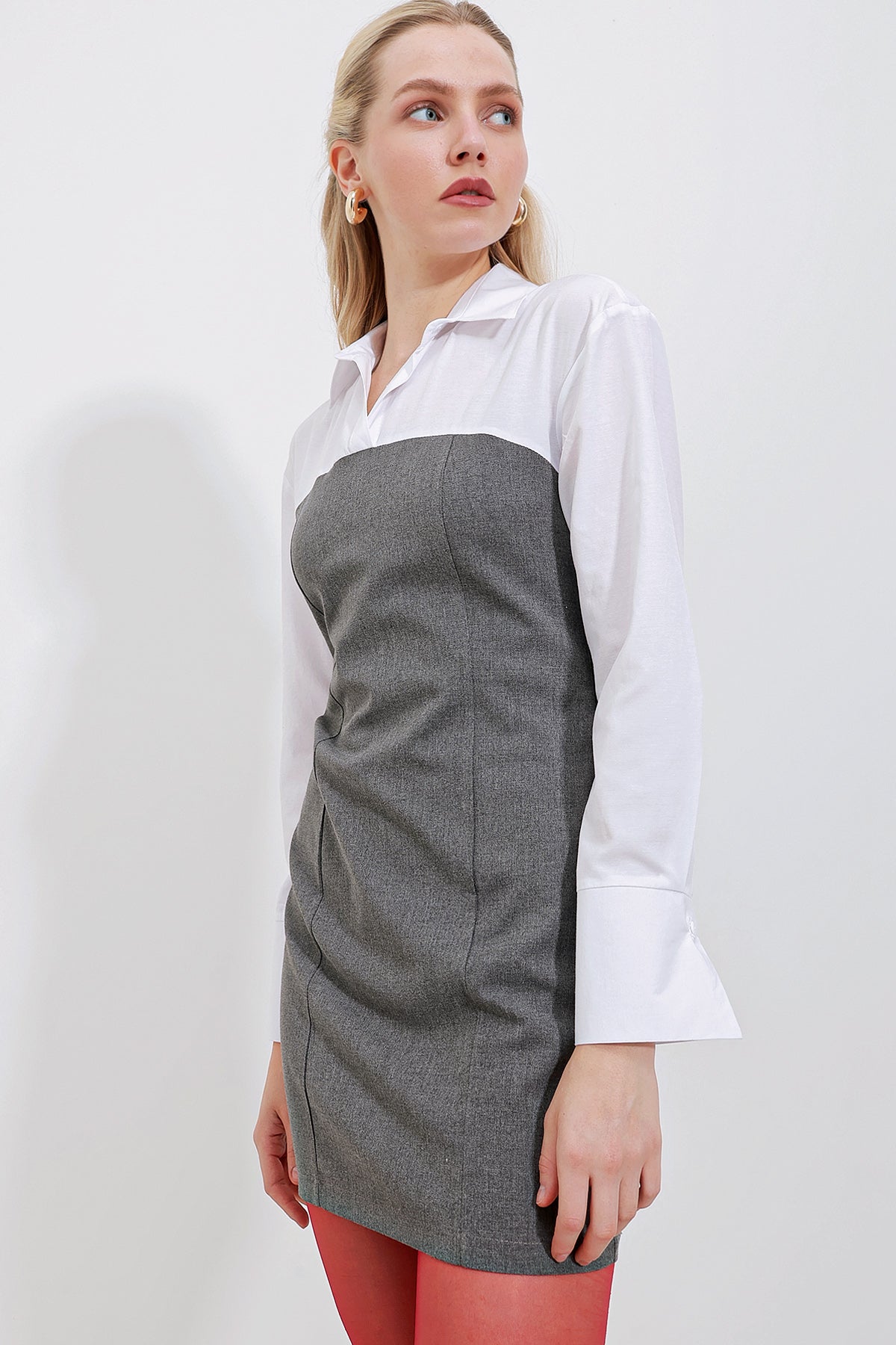 2474 Rochie mini cu detaliu cămașă - Antracit