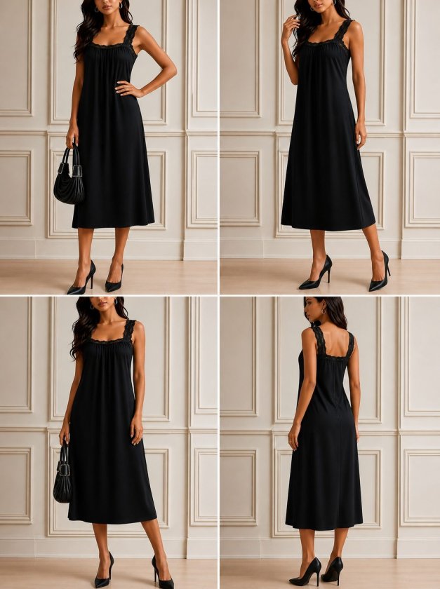 Rochie lungă din viscoză, cu guler pătrat și bretele din dantelă pentru femei, 34264