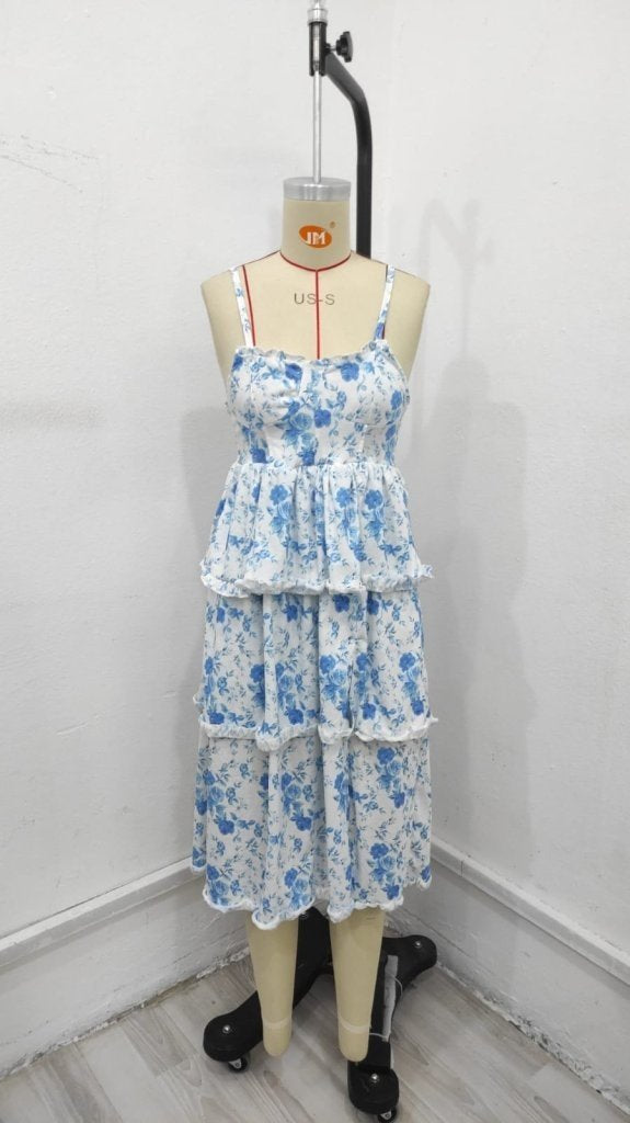 Women's Sleeveless Strappy Low-Cut Slit Detail Floral Print Supreme Midi Dress, 34014