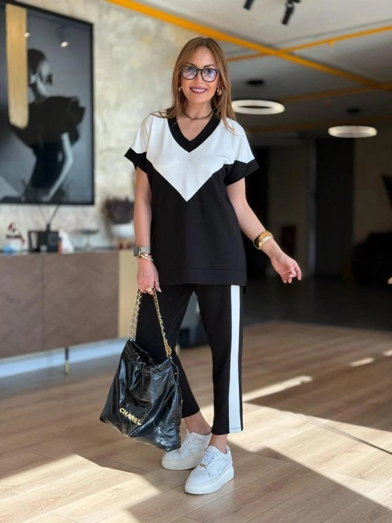Set bluză și pantaloni din viscoză bicoloră, cu mânecă scurtă și decolteu în V pentru femei, 34679