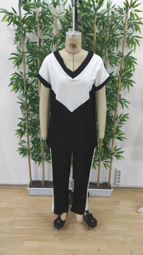 Set bluză și pantaloni din viscoză bicoloră, cu mânecă scurtă și decolteu în V pentru femei, 34679