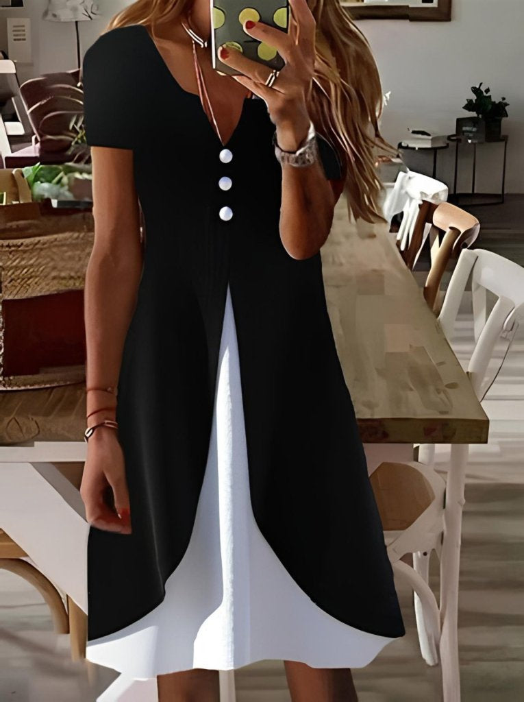 Rochie din viscoză, bicoloră, cu mânecă scurtă, de damă, cu decolteu în V și nasturi în față, 24899