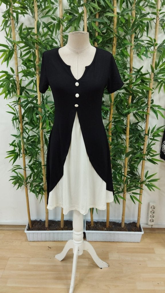 Rochie din viscoză, bicoloră, cu mânecă scurtă, de damă, cu decolteu în V și nasturi în față, 24899