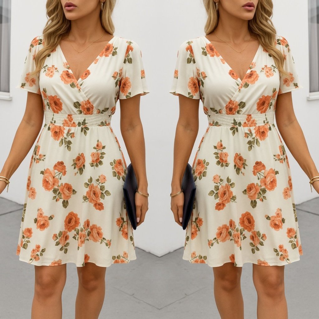 Women's Short Sleeve Wrap Neck Patterned Supima Short Dress, 26915