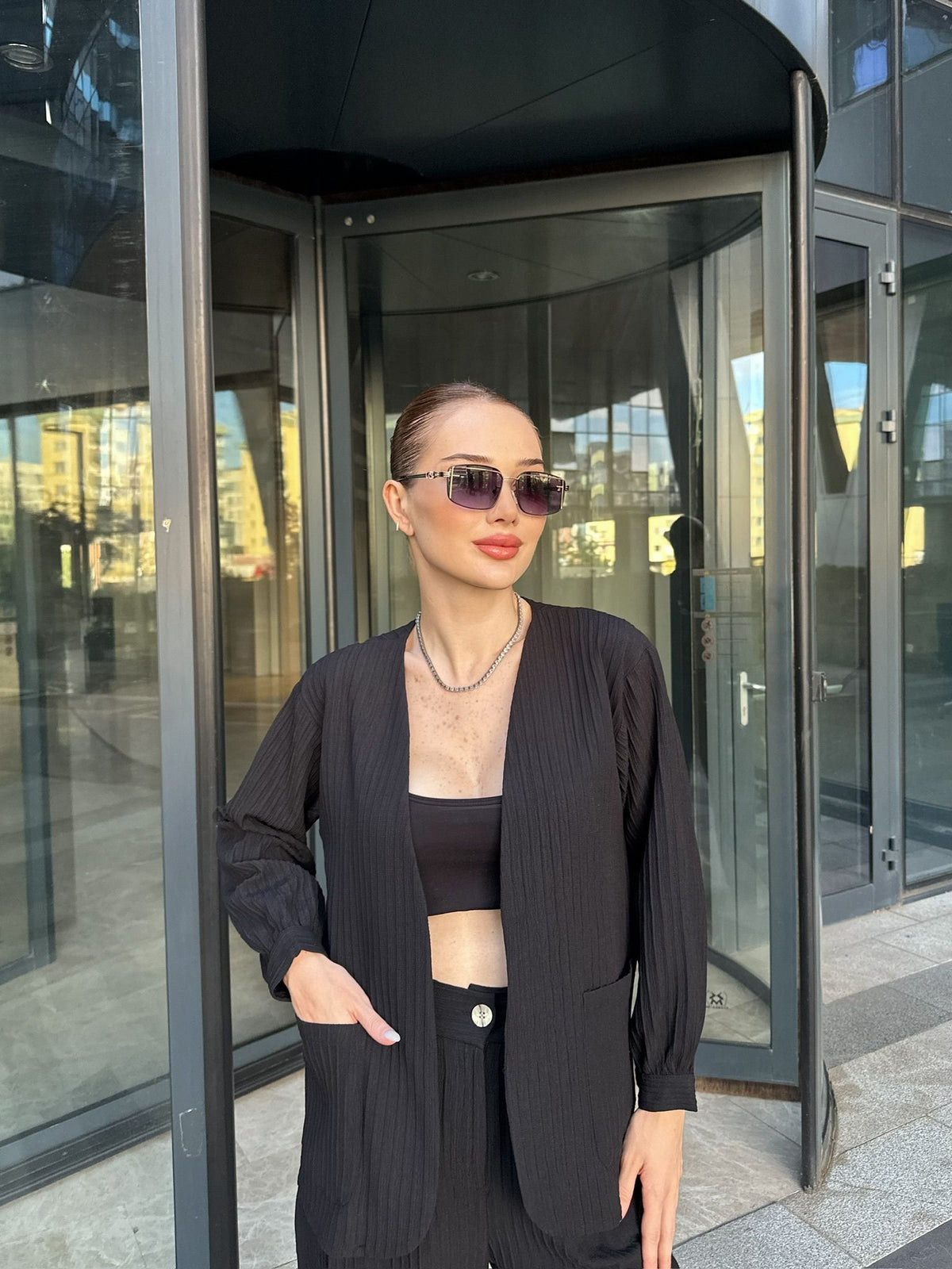 SET KIMONO ȘI PANTALONI PAMELA CU BUZUNARE - Negru