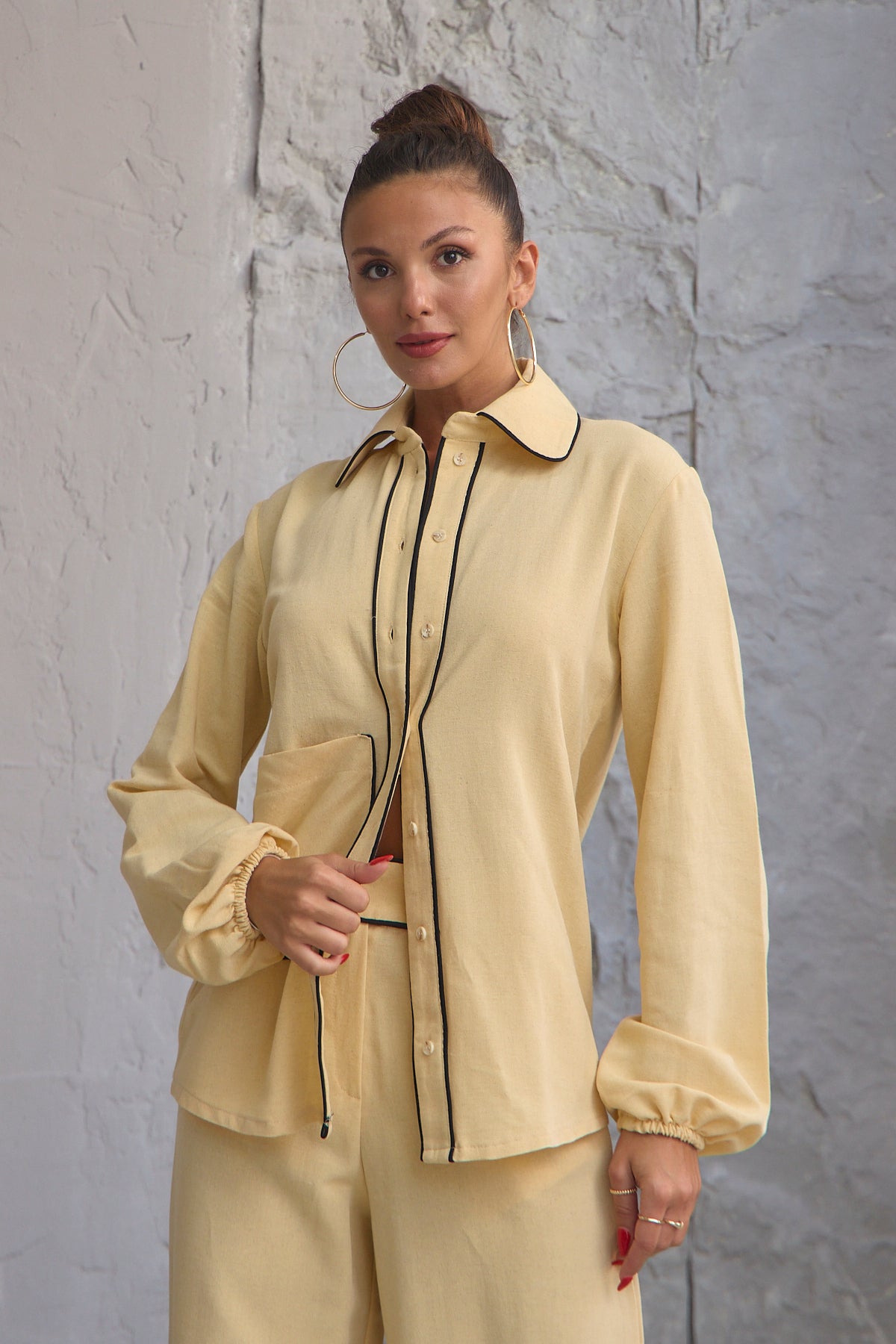 KETEN BİYELİ CEPLİ GÖMLEK PANTOLON TAKIM - Sarı