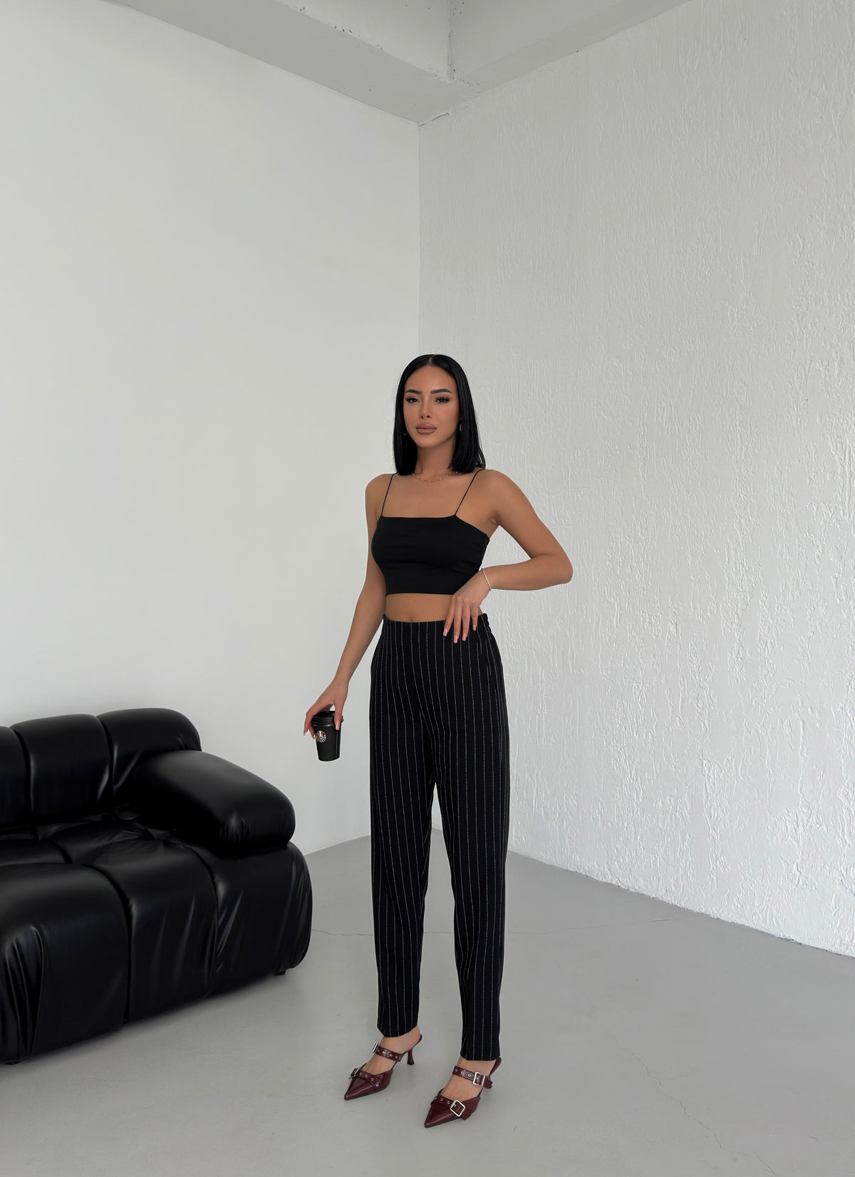 Pantaloni cu dungi și talie elastică - Negru