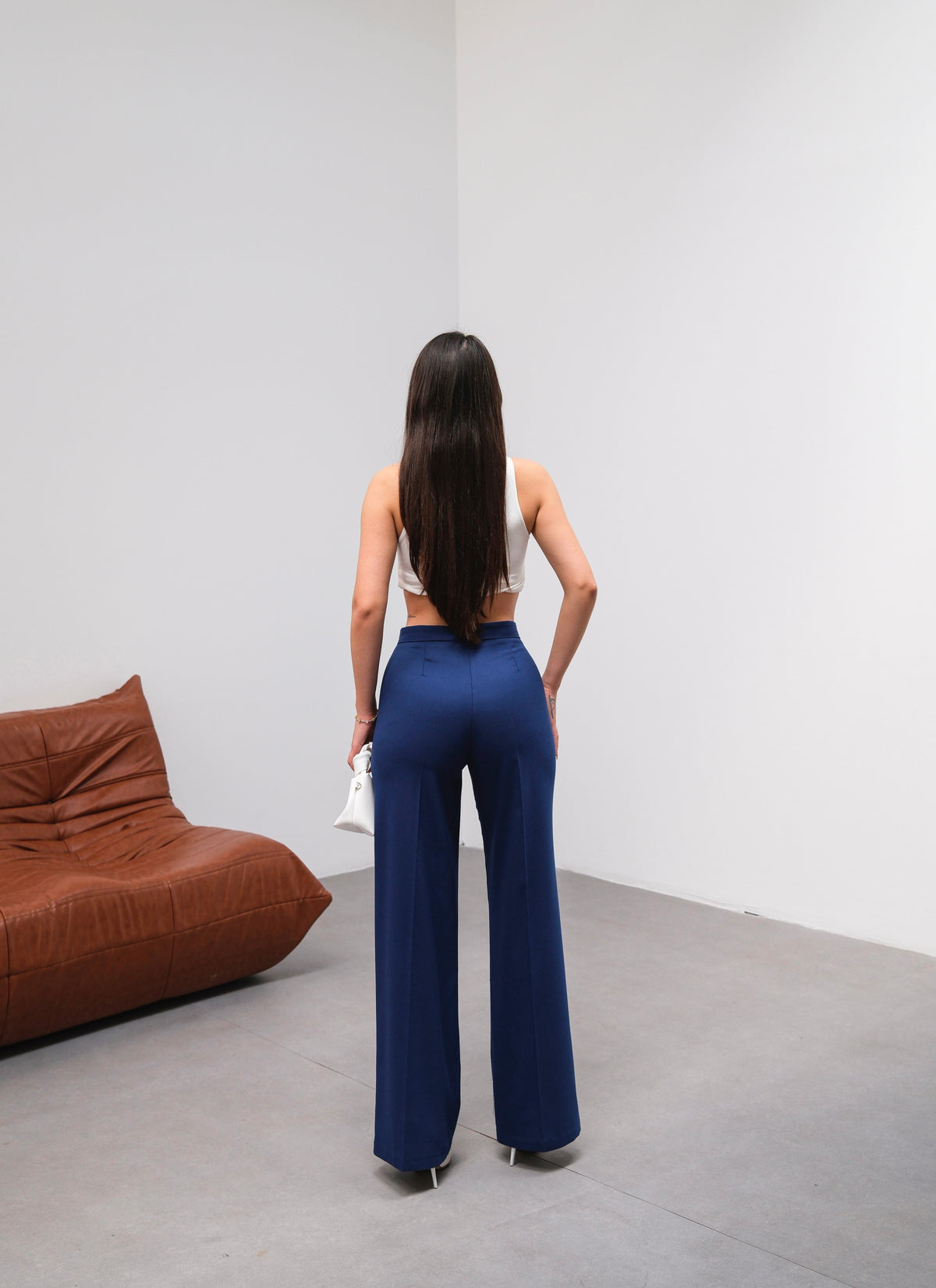 PANTALONI PALAZZO CU TALIE ÎNALTĂ ȘI CROIALĂ DREPTĂ - INDIGO