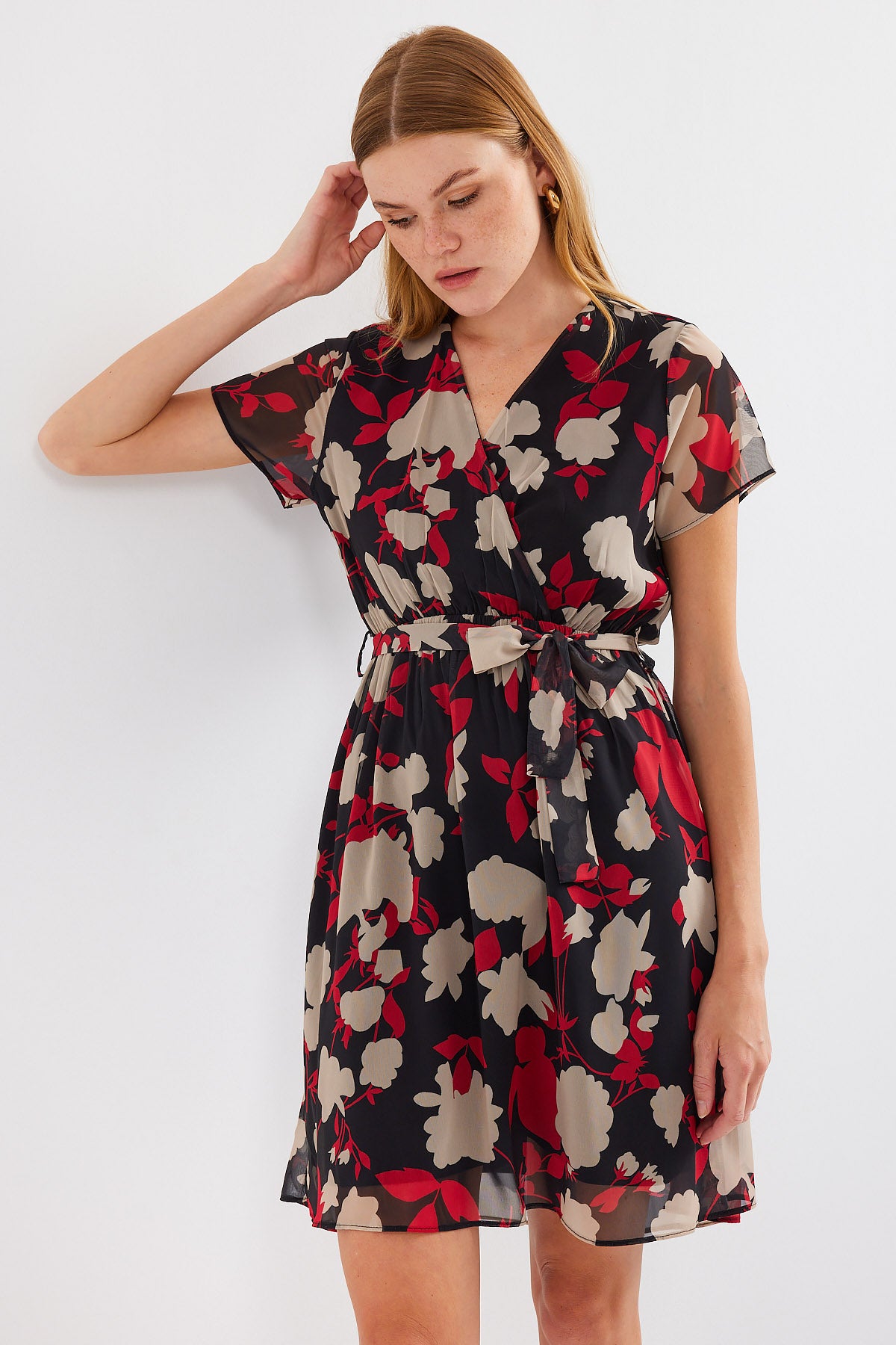 2502 Rochie Șifon cu Motiv Mânecă Scurtă - Bordeaux