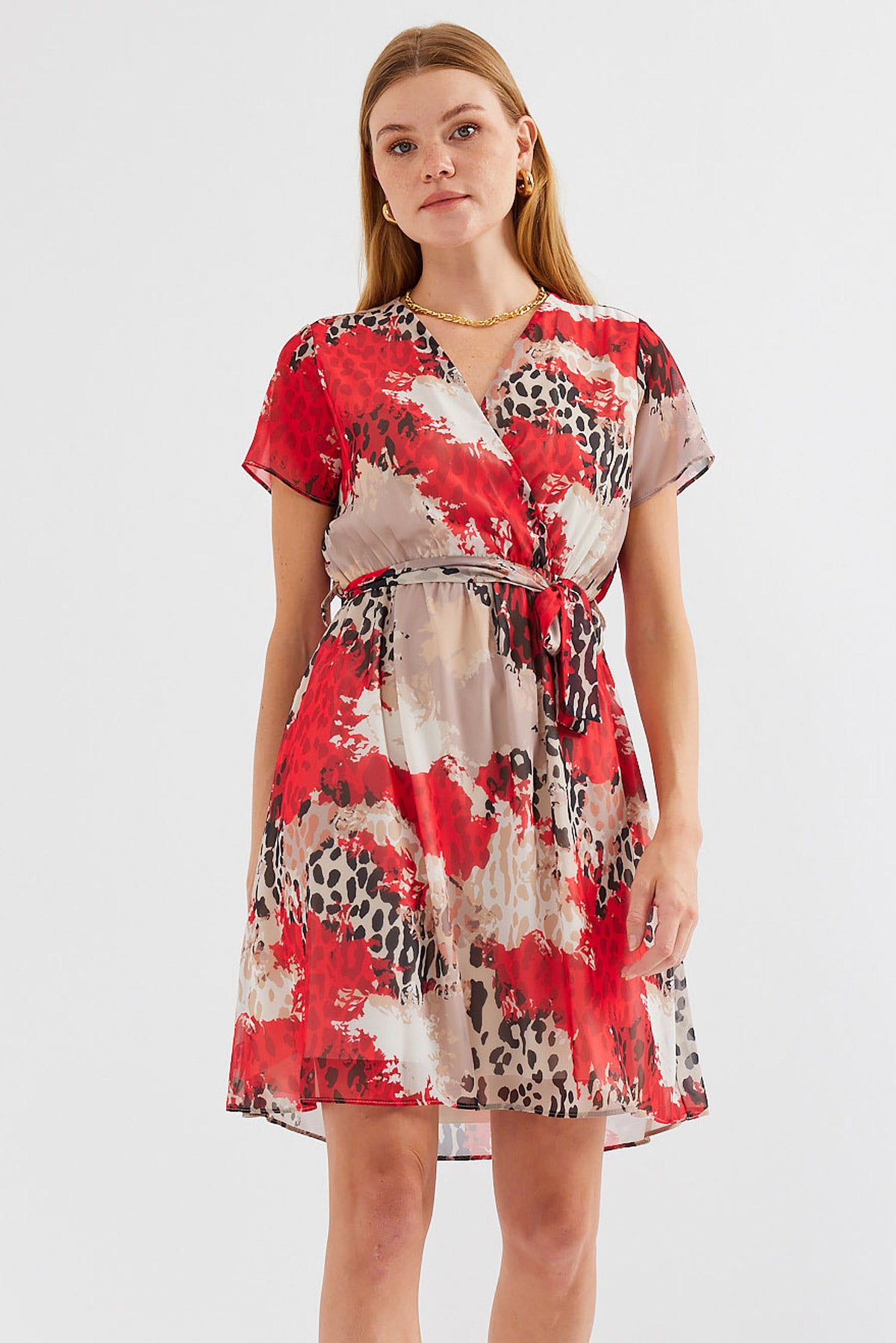 2502 Rochie Șifon cu Motiv Mânecă Scurtă - Roșu