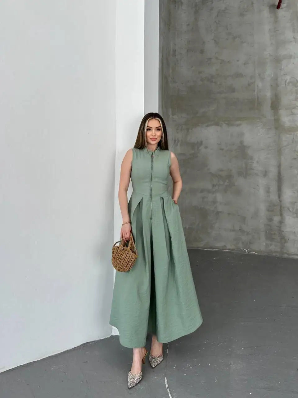 Zipper Detail Sleeveless Dress - Çağla, 1S 2M 2L 1XL