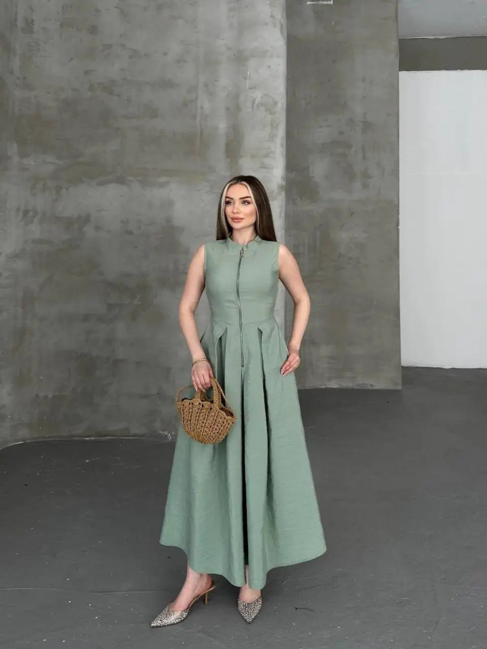 Zipper Detail Sleeveless Dress - Çağla, 1S 2M 2L 1XL