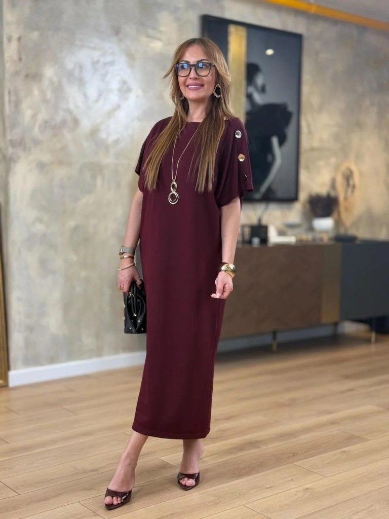 Rochie lungă din viscoză cu două fire, cu guler rotund și mânecă scurtă, 31240