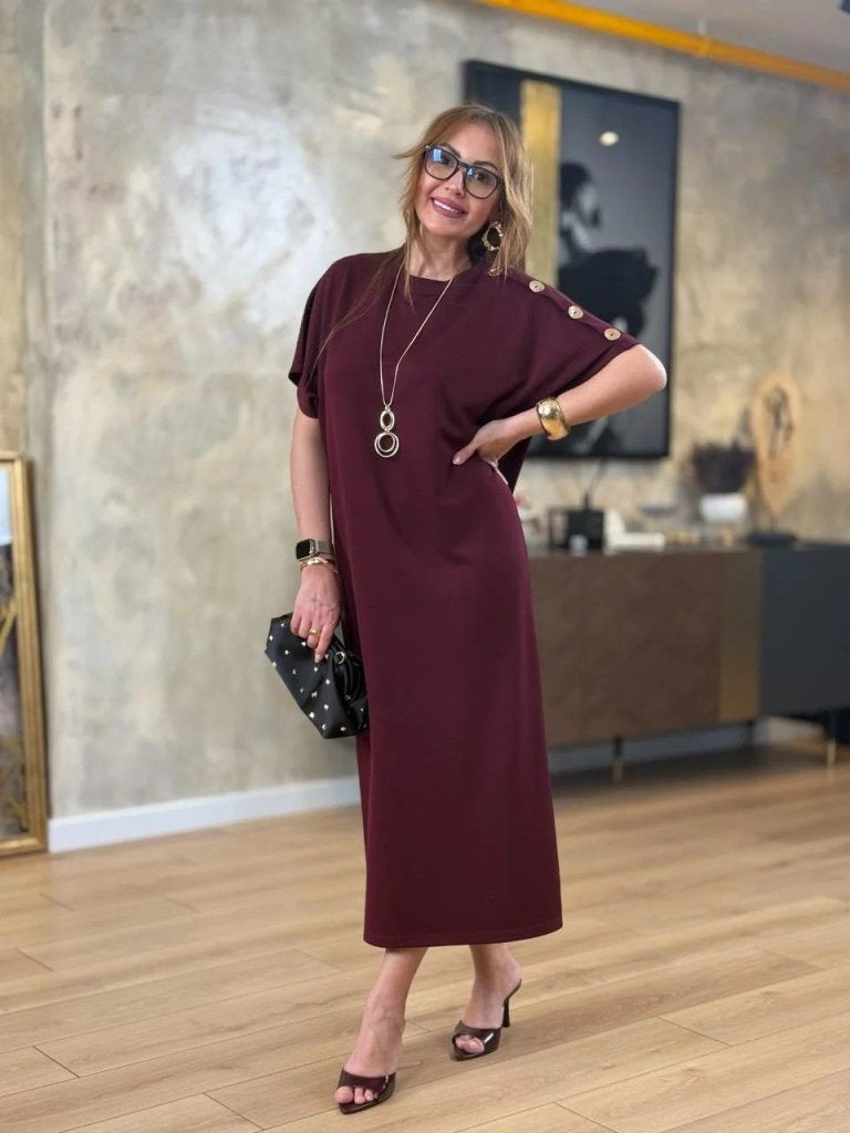 Rochie lungă din viscoză cu două fire, cu guler rotund și mânecă scurtă, 31240