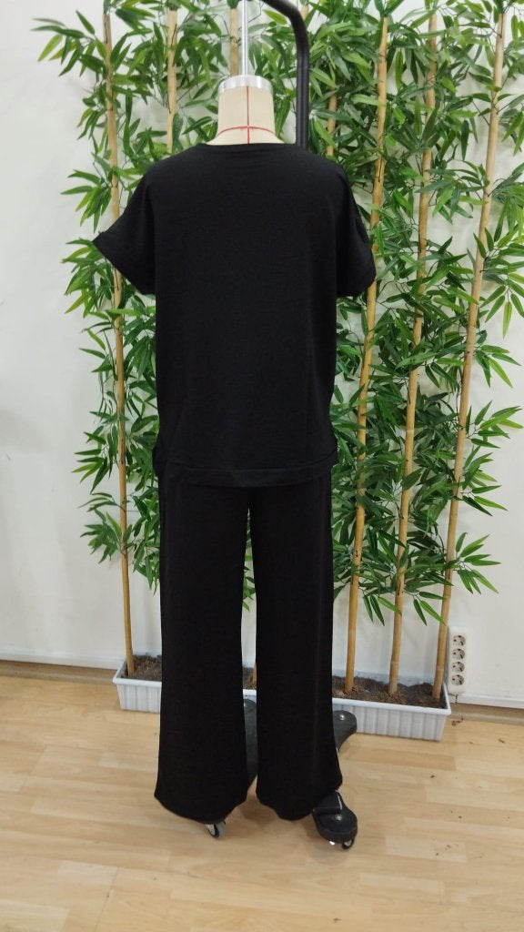 Set de două piese pentru femei, din viscoză, cu guler rotund și mânecă scurtă, format din bluză și pantaloni, 34298