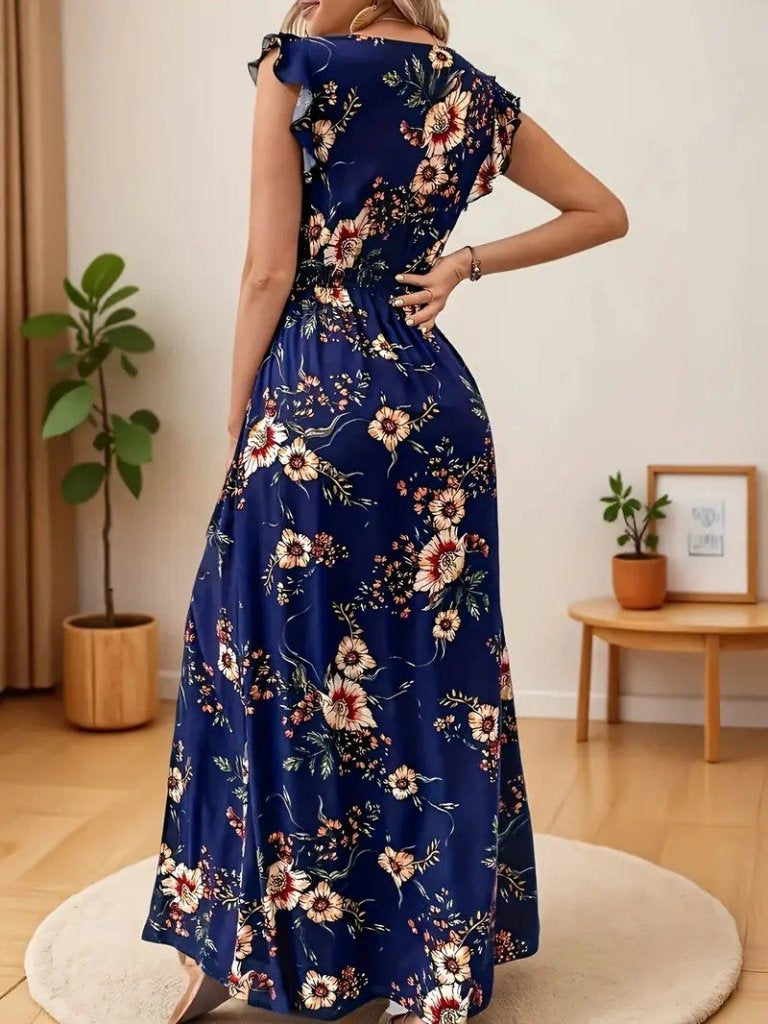Rochie din suprafin cu mânecă scurtă, de damă, cu decolteu în V, imprimeu floral și șliț, 34470