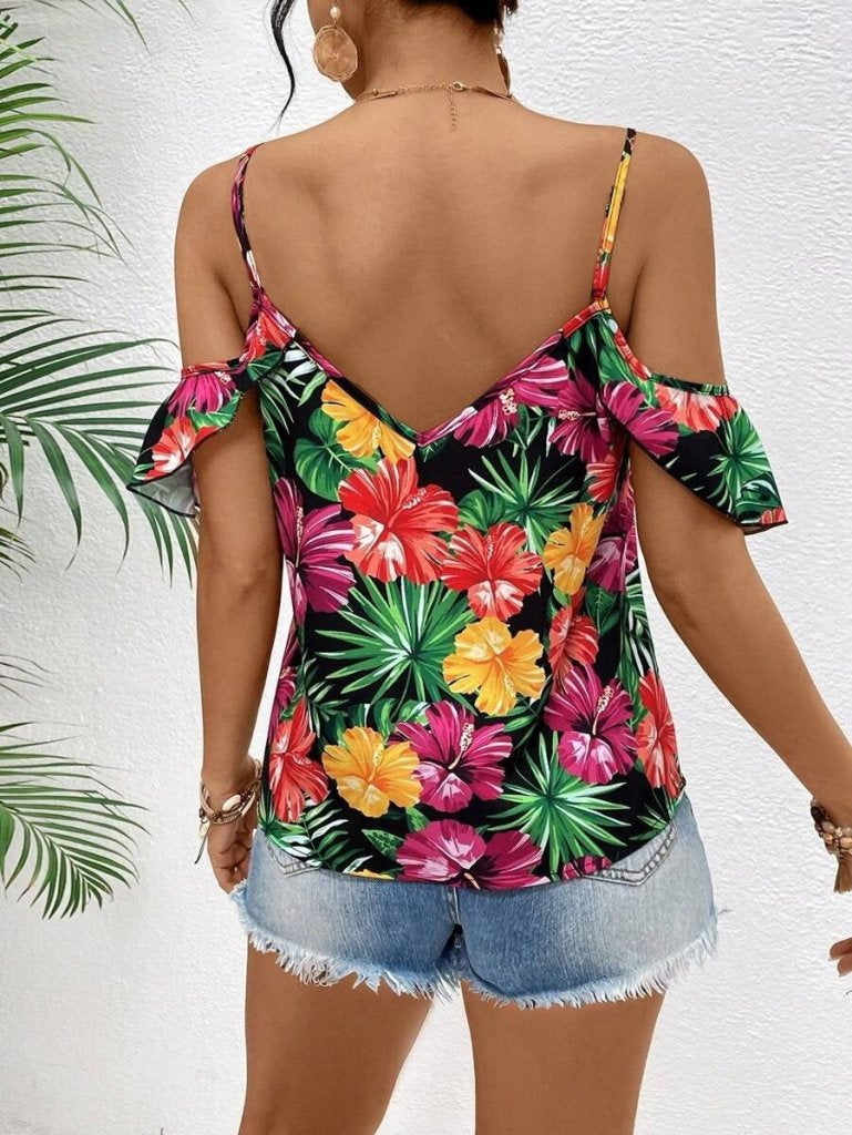 Bluză de damă cu bretele, fără umeri, cu imprimeu floral, 34474