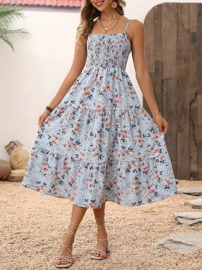 Women's Spaghetti Strap Wide V-Neck Patterned Long Supima Dress, 26338