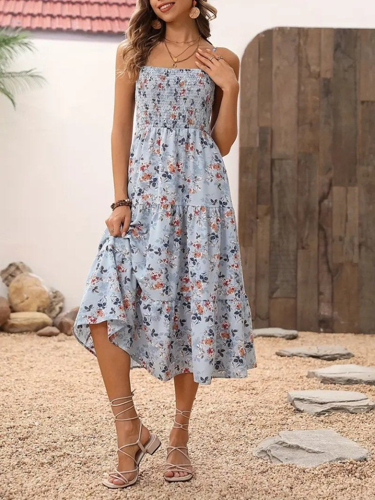 Women's Spaghetti Strap Wide V-Neck Patterned Long Supima Dress, 26338