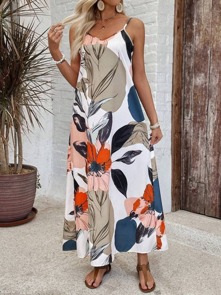Rochie de damă din poplin, cu bretele subțiri, decolteu amplu în V și imprimeu, 34080