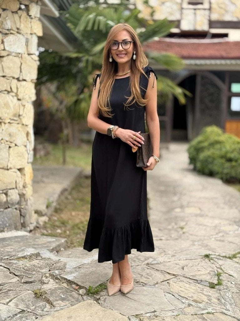Rochie de damă din crep cu volane, cu guler tip barcă și umeri încrețiți, 34164