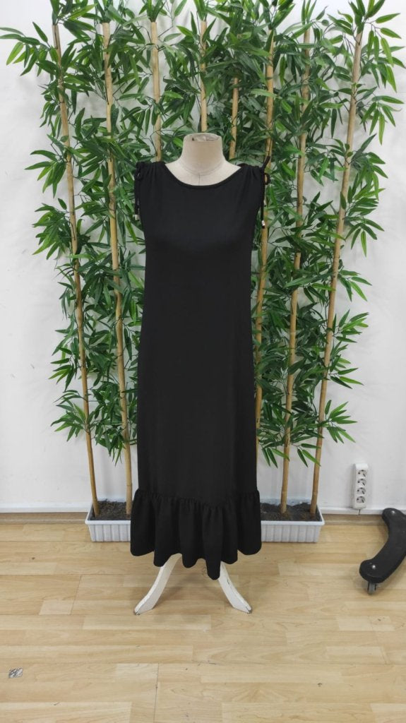 Rochie de damă din crep cu volane, cu guler tip barcă și umeri încrețiți, 34164