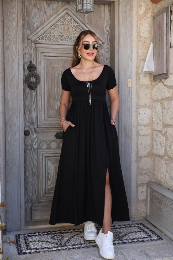 Rochie lungă de damă, cu mânecă scurtă, guler rotund, șliț în față și buzunare, din viscoză, 26461