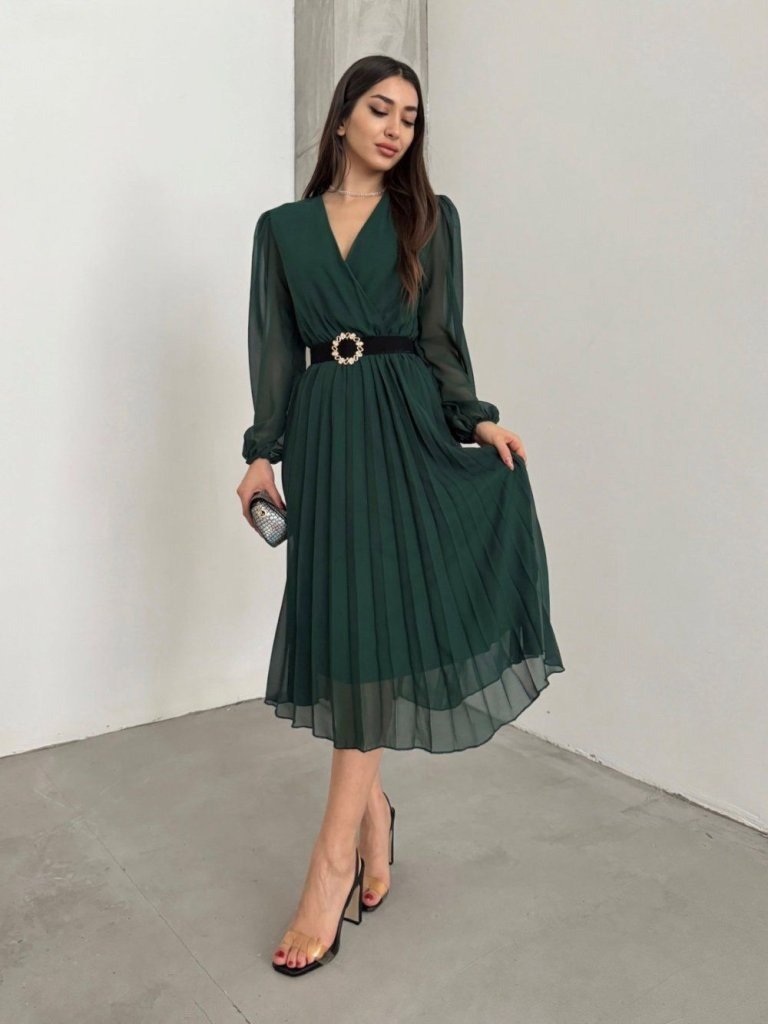 Rochie șifon damă, croi cloș, cu căptușeală, de lungime midi, cu decolteu petrecut, 25583