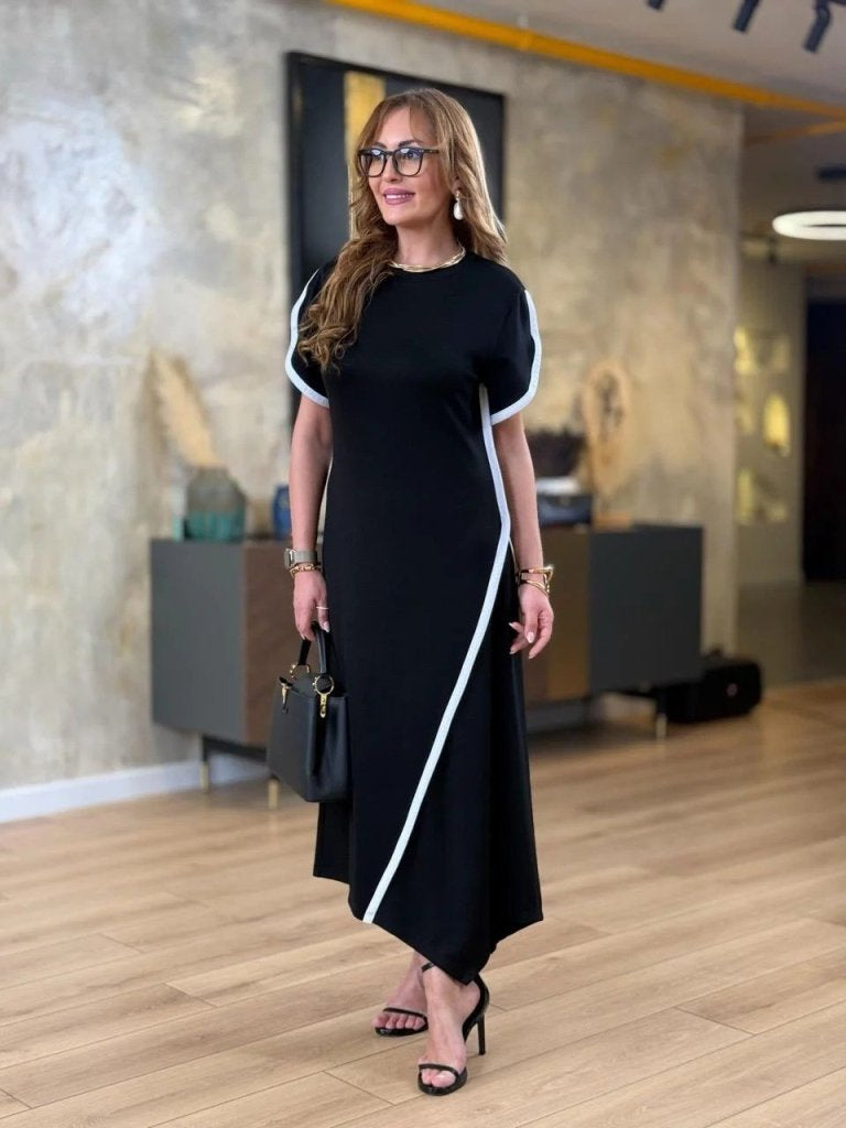 Women's Short Sleeve Crew Neck Double Stripe Color Detail Asymmetrical Cut Viscose Two-Thread Dress, 33809
