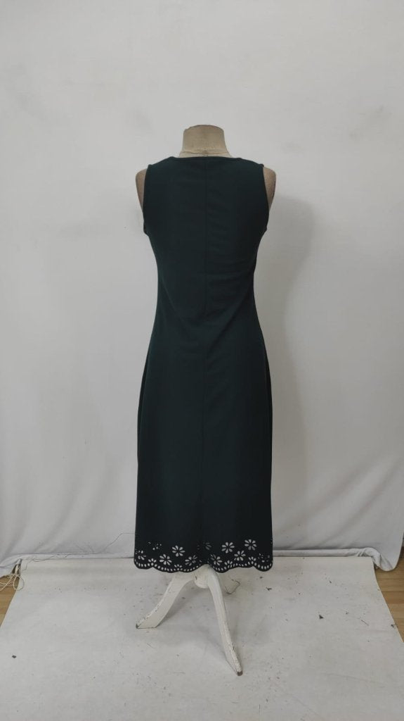 Women's Sleeveless Laser-Cut Floral Pattern Midi Imported Crepe Dress, 34055