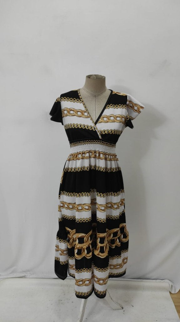 Women's Short-Sleeve Wrap Neck Elastic Waist Patterned Maxi Knitted Crepe Dress, 25864