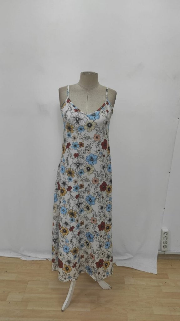Women's Spaghetti Strap Wide V-Neck Patterned Supima Dress, 34081