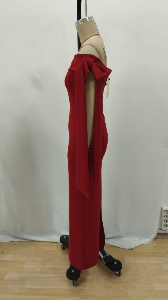 Rochie lungă din crep cu detaliu panglică și umeri goi pentru femei, 25986