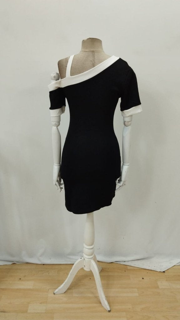 Rochie din modal pentru femei, mânecă scurtă, guler asimetric cu detaliu bandă și accesoriu, 36101