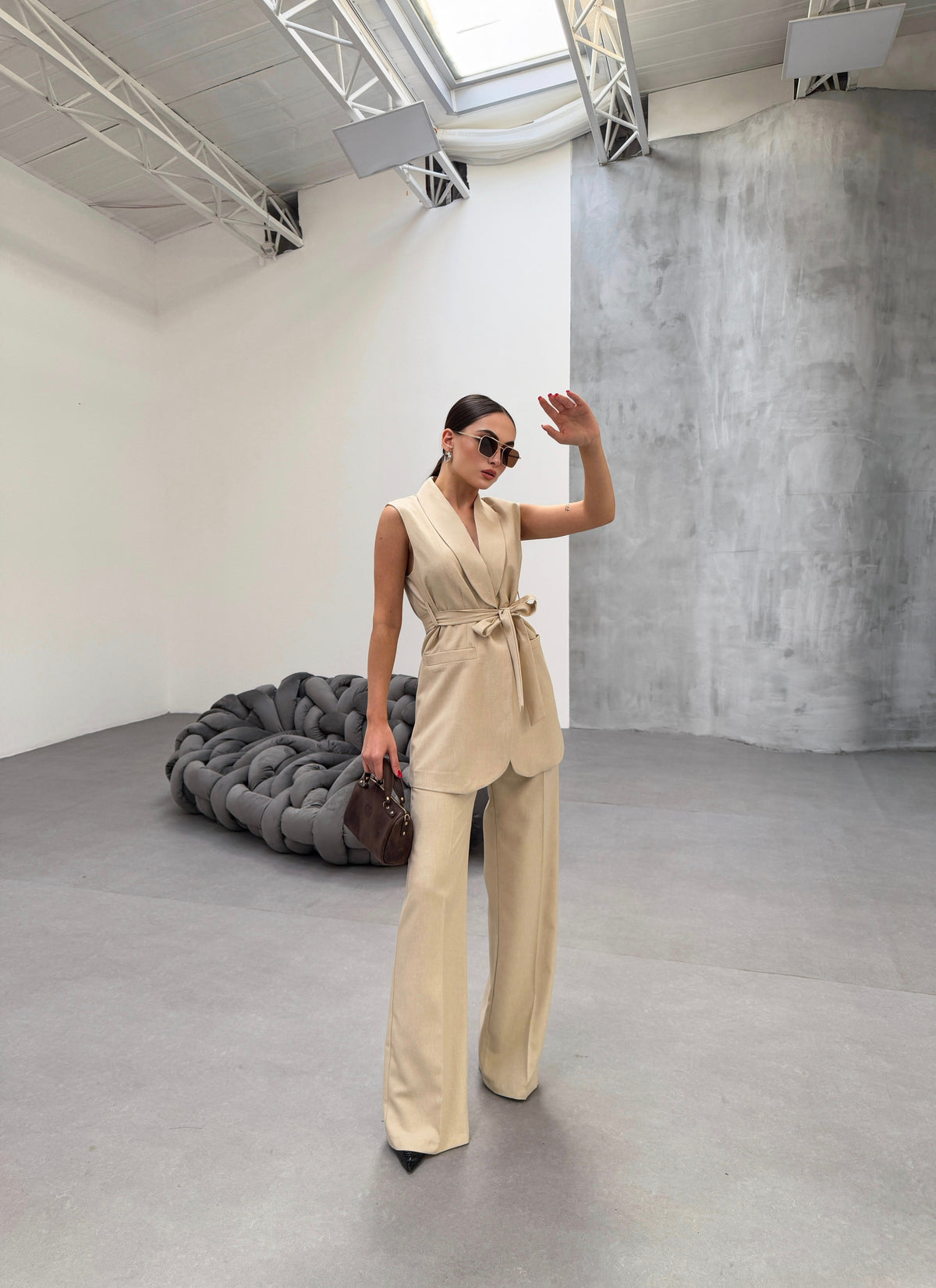 Set două piese, vestă și pantaloni CURA - Bej