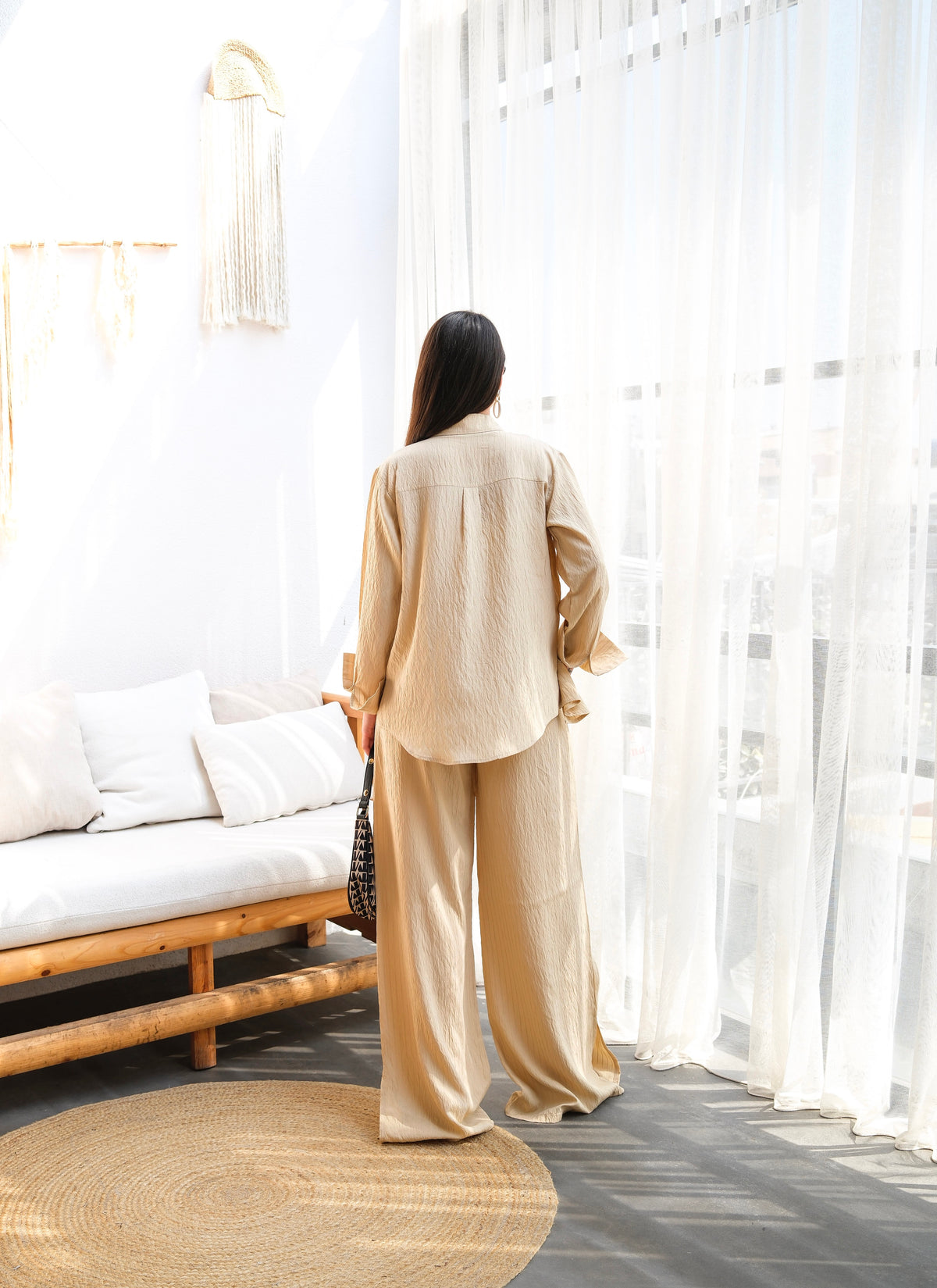 Set două piese cămașă și pantaloni din in - Bej