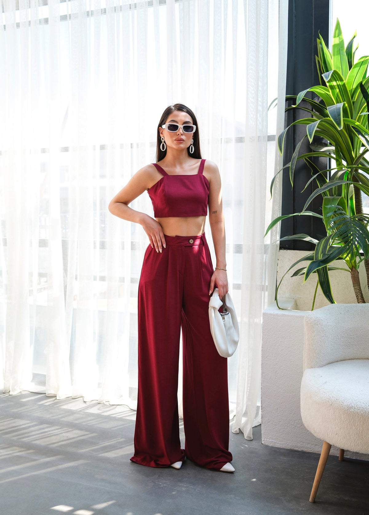 SET DOUĂ PIESE CU PANTALONI ȘI ROCHIE DIN IN - Vișiniu
