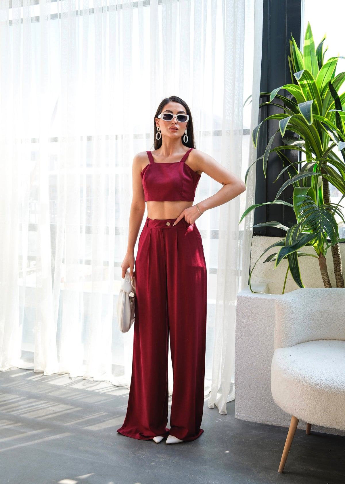 SET DOUĂ PIESE CU PANTALONI ȘI ROCHIE DIN IN - Vișiniu