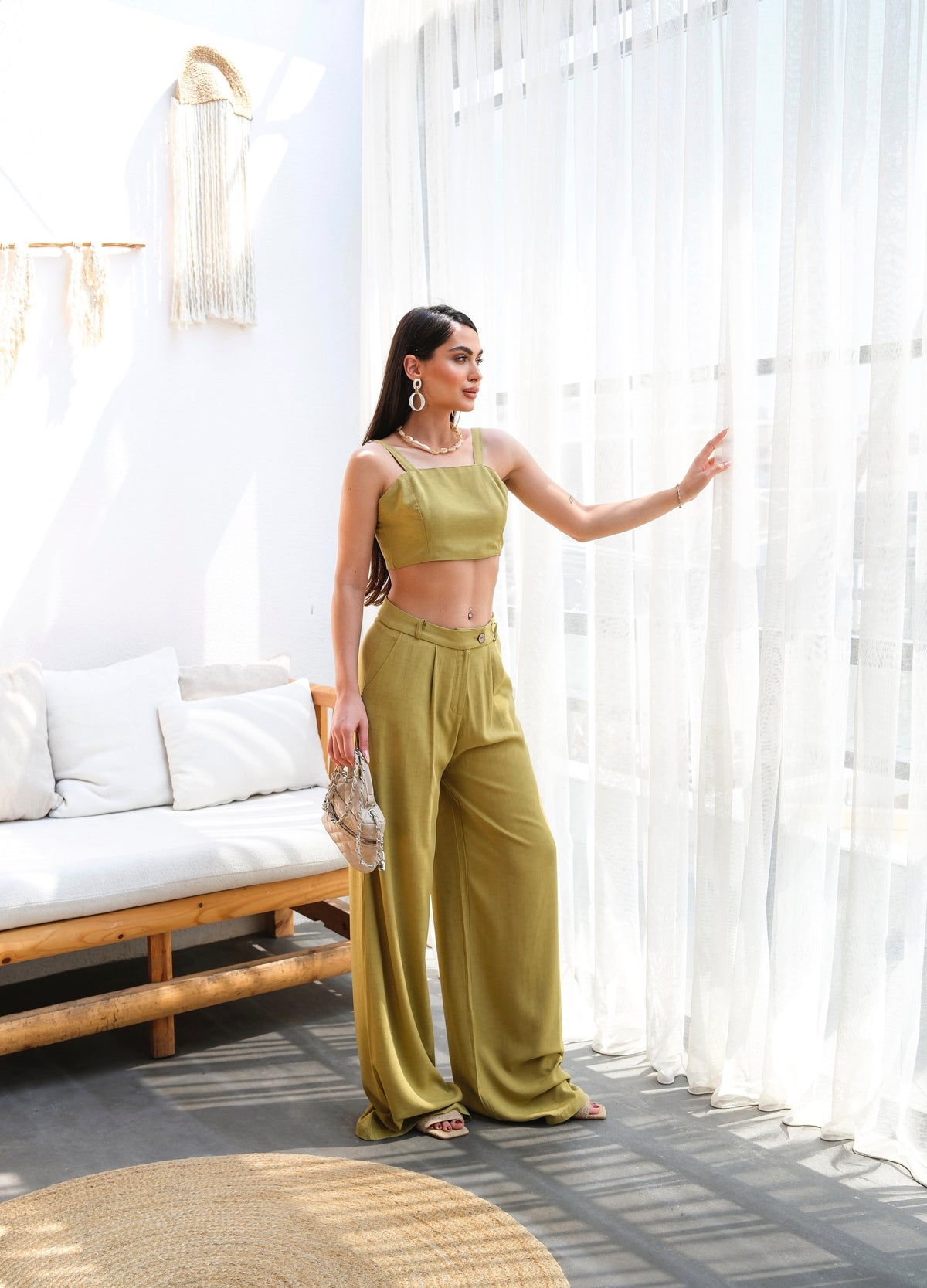 KETEN GİPELİ CROP VE PANTOLON İKİLİ TAKIM - Yağ Yeşili